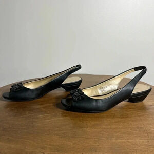 Liz Claiborne Womens Black Peep‎ Toe Slingback Beaded Low Wedge Heels 6.5M